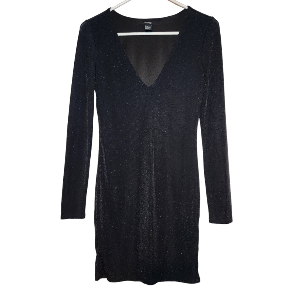 Forever 21 Long Sleeve V-Neck Bodycon Sparkly Mini Dress Size S Party Evening